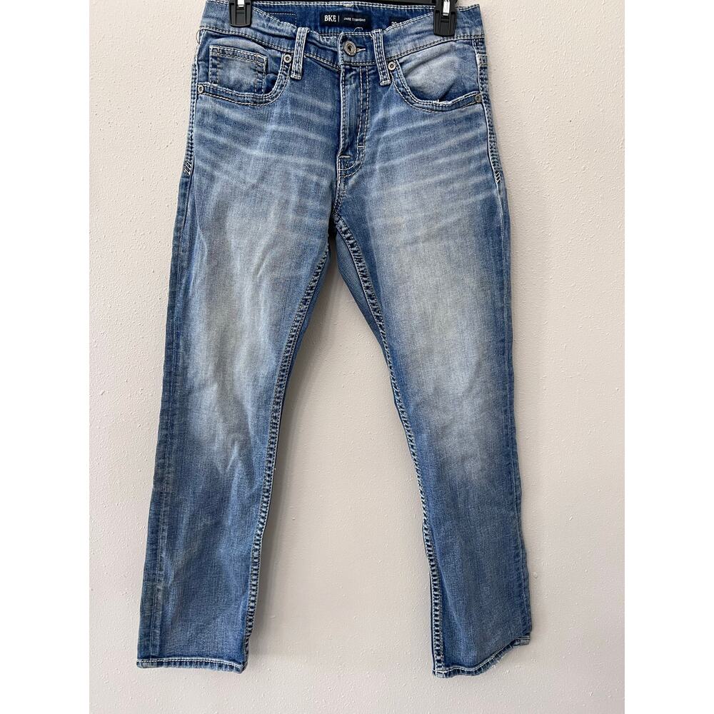 BKE Jake Straight Jeans Men 30x30 Stretch Embroidered Pockets Distressed MedWash